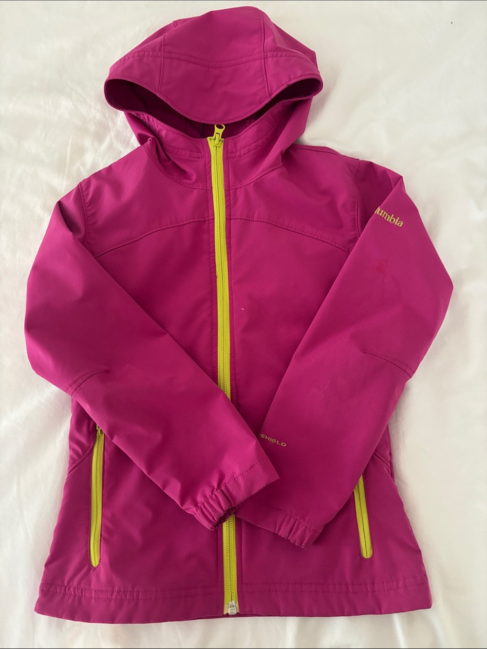 Columbia Girls' Fuchsia Hooded Softshell Jacket with Yellow Zippers
